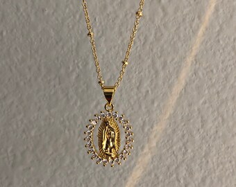 CZ Dainty Gold Virgin Mary Necklace, Religious Pendant Necklace, Stainless Steel Charm Necklace, Mini Lady Guadalupe Necklace