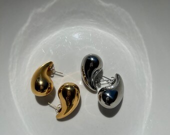 18K Gold Plated Teardrop Earrings, Chunky Stainless Steel Drop, Minimalist Studs