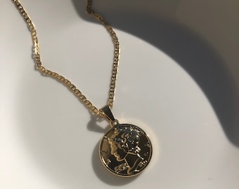 18K Gold Filled Lady Liberty Coin Pendant Necklace, Mariner Chain, Unisex Medallion