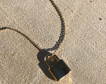 18K Gold Plated Padlock Necklace, Stainless Steel Chain Pendant