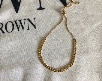 18K Gold Plated Brass Cuban Link Chain Bracelet, Adjustable 5mm Width