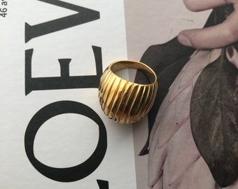 18K Gold Plated Chunky Dome Ring, Wide Band Textured Statement Jewelry