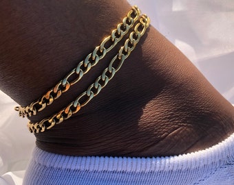 18K Figaro Chain Anklet,  5mm Gold Chain Ankle Bracelet, Stainless Steel Bracelet, Minimalist Ankle Bracelet, Dainty Gold Anklet