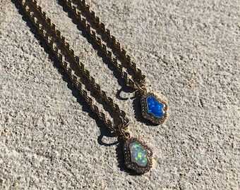 18K Gold Filled Hamsa Hand Necklace, Synthetic Opal Pendant, Protection Jewelry