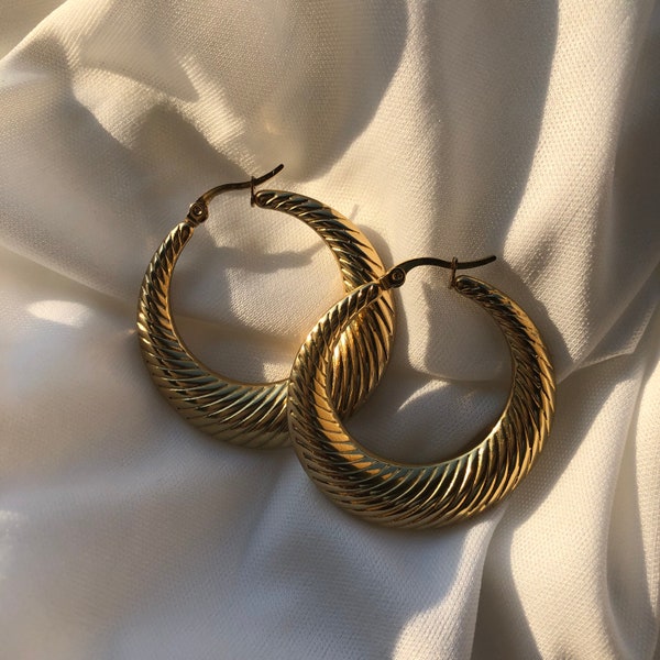 DESTINY | 18K Gold Plated Hoops, Chunky Hoop Earrings, Thick Textured Hoop Earrings, Vintage Gold Hoops, Large Hoops, Minimalist Hoops