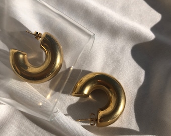18K Gold Plated Half Moon Hoop Earrings, Chunky Stainless Steel Hoops