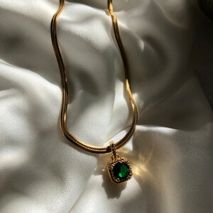 CELESTE | Emerald Green Pendant Necklace, CZ Charm, 18K Gold Plated Herringbone, Dainty Jewelry, Minimalist Necklace, Vintage Jewelry