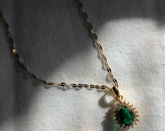 Emerald Green CZ Pendant Necklace, 18K Gold Plated Herringbone Chain