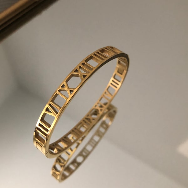 ROMAN | 18K Gold Stainless Steel Bracelet, Minimal Gold Bangle, Roman Numeral Bracelet, Unisex Jewelry, Men Bracelet, Womens Bracelet