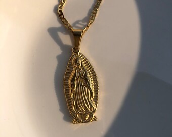 Gold Plated Stainless Steel Virgin Mary Necklace, Lady Guadalupe Pendant, Spiritual Jewelry