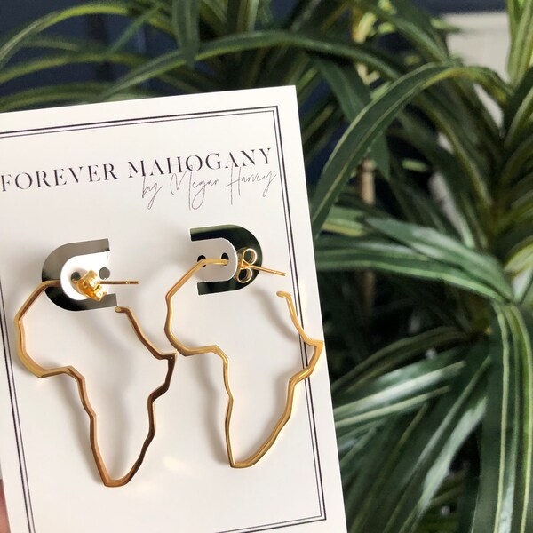 LANI | Africa Hoop Earrings, Africa Map Drop Earrings, Gold Hoop Earrings, Stainless Steel Jewelry, Tribal Earrings, Motherland Hoops