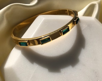 Gold Plated Stainless Steel Emerald Bangle Bracelet, Unisex Jewelry