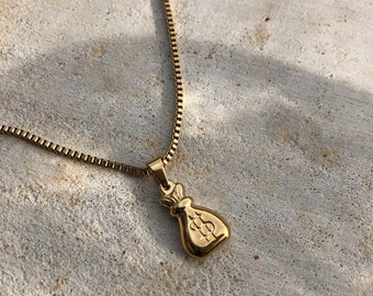 18K Gold Filled Money Bag Pendant Necklace, Unisex Box Chain