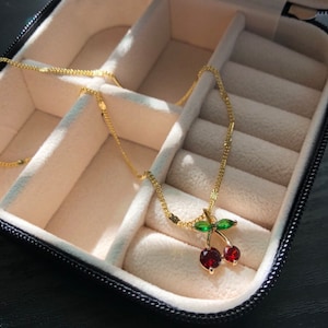 Red Cherry Necklace, Dainty Cherry Pendant Necklace, Brass Charm Necklace, Fruit Pendant Necklace, Layering Necklace