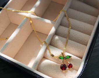 Red Cherry Necklace, Dainty Cherry Pendant Necklace, Brass Charm Necklace, Fruit Pendant Necklace, Layering Necklace