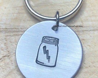 Moonshine/white lightning mason jar hand stamped keychain