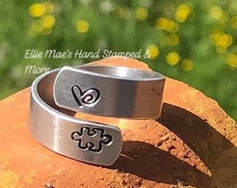 Autism Ring ~ Hand Stamped ~ Aluminum wrap ring ~ Puzzle Piece Jewelry