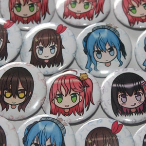 May include: A collection of round, white anime-style character buttons. Each button features a different cartoon girl with various hair colors, including red, brown, and blue. The buttons have a decorative floral pattern around the edges.