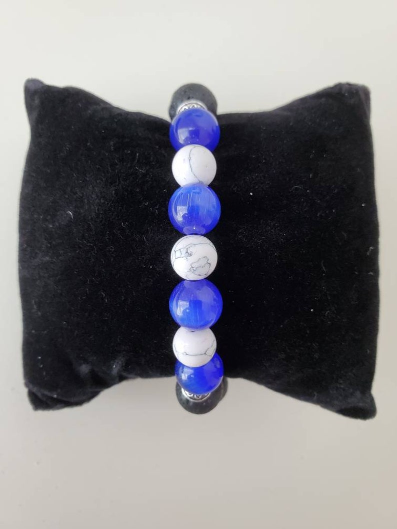 Blue White Glass and Lava Bead Diffuser Bracelet Essential Oils