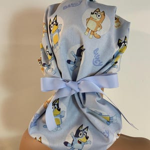 May include: Light blue scrub cap featuring cartoon dog characters in white circles. The cap is tied with a light blue ribbon bow. The word "Bluey" is printed on the cap.