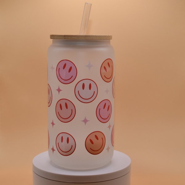 16 oz Smiley Face Glass Cup with Lid and Straws | Clear or Frosted Glass