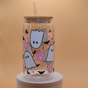 16 oz Floral Ghost Glass Cup with Lid and Straws | Clear or Frosted Glass | Halloween | Ghost and Flowers