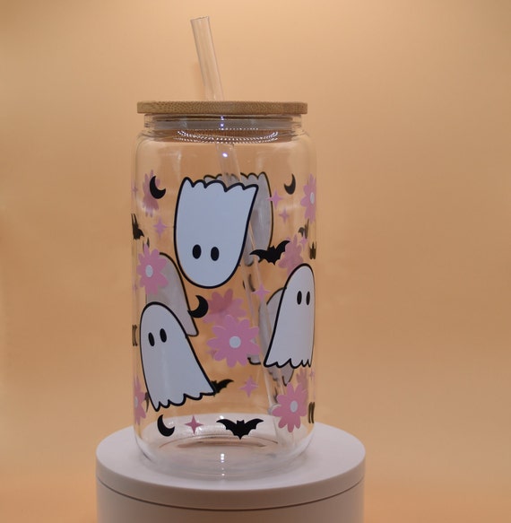 16 Oz Floral Ghost Glass Cup With Lid and Straws Clear or Frosted Glass  Halloween Ghost and Flowers 