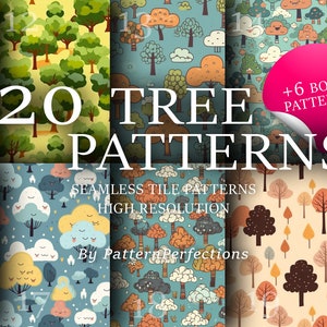 Op de afbeelding: Een verzameling van 20 kleurrijke boompatronen, plus 6 bonuspatronen. De patronen zijn naadloze tegelpatronen en hoge resolutie. De tekst "20 TREE PATTERNS" staat in grote, vette letters. De tekst "SEAMLESS TILE PATTERNS HIGH RESOLUTION" staat in kleinere letters. De tekst "By Pattern Perfections" staat in de kleinste letters.