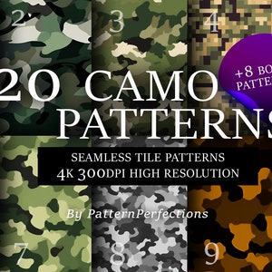 May include: A collection of 20 camouflage patterns, including 8 bonus patterns. The patterns are seamless tile patterns and are 4K 300DPI high resolution. The patterns are in various shades of green, brown, and black.