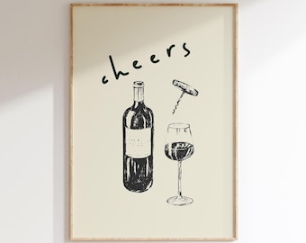 Cheers Print, Kitchen Wall Art, Wine Print, Trendy Kitchen Home Decor, Retro Poster, Abstract Wine Poster, Drinks Wall Art, Wine Glasses Art