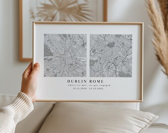 Personalised Engagement Map Print, Where We Met & Got Engaged Gift, Couple Map Art Print, Engagement Gift Couple, Custom Two Location Map
