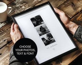 May include: Black and white photo collage in a black frame with the text "US. ALWAYS." and a heart symbol. The collage features three photos of a couple. The text "CHOOSE YOUR PHOTOS, TEXT & FONT" is in a circle below the frame.