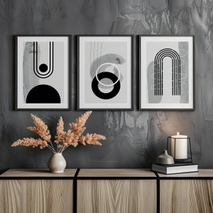 Schwarz und Grau Abstrakte Prints Set, 3er-Set Abstrakte Kreis Linie Kunstdrucke, Zeitgenössische Print Set, Wohnzimmer Wandkunst Drucke