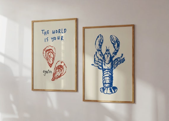 Set of 2 Kitchen Seafood Prints - Retro Cooking Posters - Retro Kitchen Wall Art - Nautical Prints - Kitchen Aesthetic Decor - Retro Posters