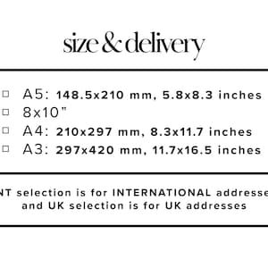May include: A size and delivery chart with different paper sizes in millimeters and inches. The sizes listed are A5, 8x10, A4, and A3. The chart also includes information about international and UK addresses.