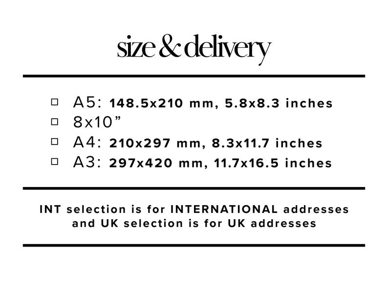 May include: A size and delivery chart with different paper sizes in millimeters and inches. The sizes listed are A5, 8x10, A4, and A3. The chart also includes information about international and UK addresses.