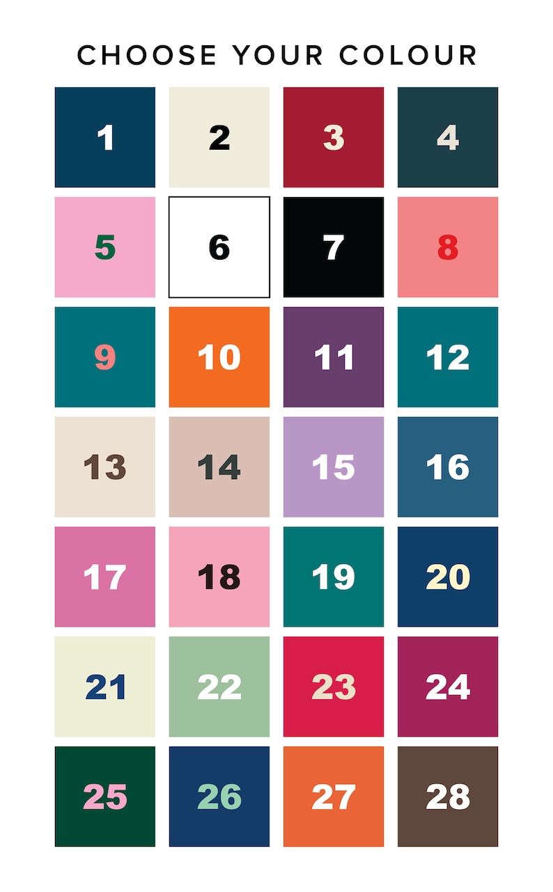 Puede incluir: Una carta de colores con 28 colores diferentes, numerados del 1 al 28. Los colores est&aacute;n dispuestos en una cuadr&iacute;cula de 7 filas y 4 columnas.