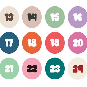 May include: A set of twelve colorful circles with numbers 13 through 24 in white, black, and red font.