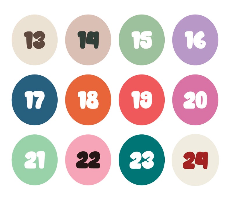 May include: A set of twelve colorful circles with numbers 13 through 24 in white, black, and red font.