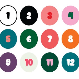 May include: Twelve colorful circles with white numbers inside, arranged in a grid pattern. The numbers are in a playful, rounded font.