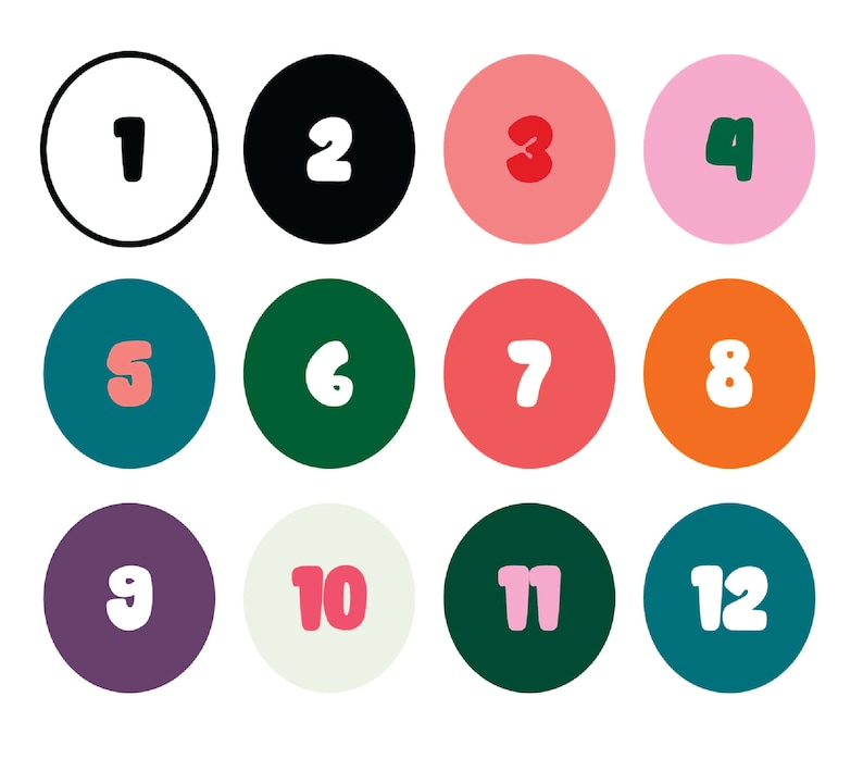 May include: Twelve colorful circles with white numbers inside, arranged in a grid pattern. The numbers are in a playful, rounded font.