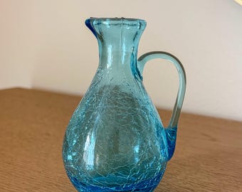 Vintage Blue Crackle Glass Pitcher Vase