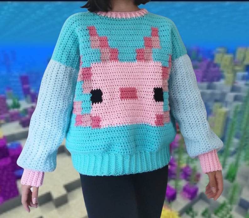 Puede incluir: Un su&eacute;ter de crochet azul turquesa con un dise&ntilde;o de ajolote rosa y blanco en la parte delantera. El su&eacute;ter tiene mangas largas y cuello redondo.