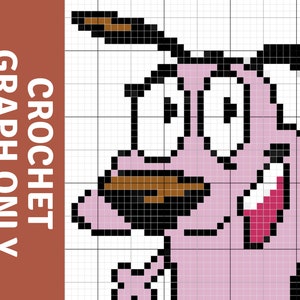 Op de afbeelding: Een haakgrafiekpatroon met een gepixeld beeld van Moed de Hond. Het ontwerp gebruikt roze, bruin, zwart en wit, met de tekst "CROCHET GRAPH ONLY PDF DOWNLOAD" aan de linkerkant.