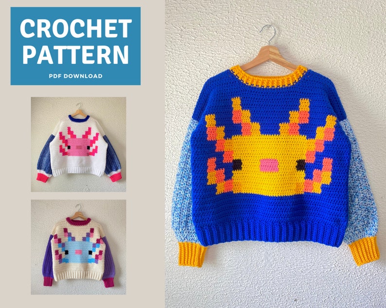 Puede incluir: Patr&oacute;n de crochet en PDF para un su&eacute;ter con un dise&ntilde;o de ajolote. El su&eacute;ter es azul con detalles amarillos, rosados y blancos. El ajolote es amarillo con detalles rosados y negros.