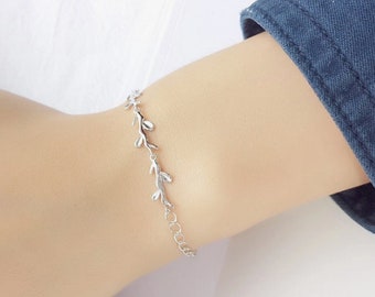 Olive Tree Branch Leaf Bracelet, Sterling Silver, Adjustable