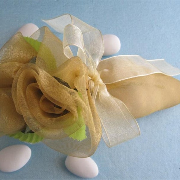 Tulle and Satin Favor (Koufeta) Holder, Cone Shaped with Organza Flowers