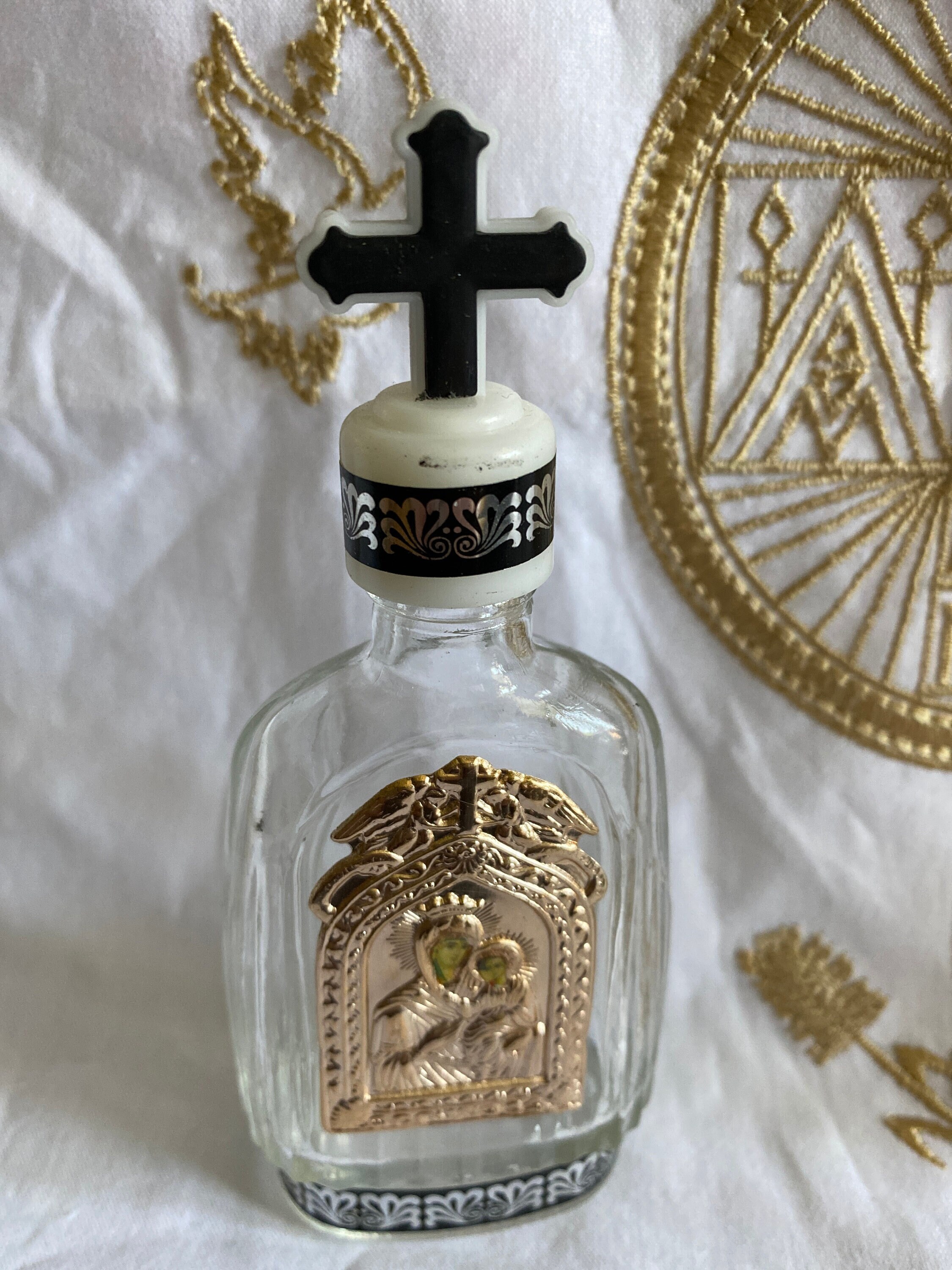 Anointing Holy Oil Bottle With Baptism Icon in the Center Gold