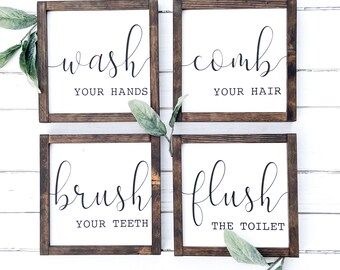 Wash Brush Comb Flush Sign,  Set of 4 Signs, Bathroom Sign, Bathroom Wall Decor, Farmhouse Bathroom, Farmhouse Sign, Wood Sign