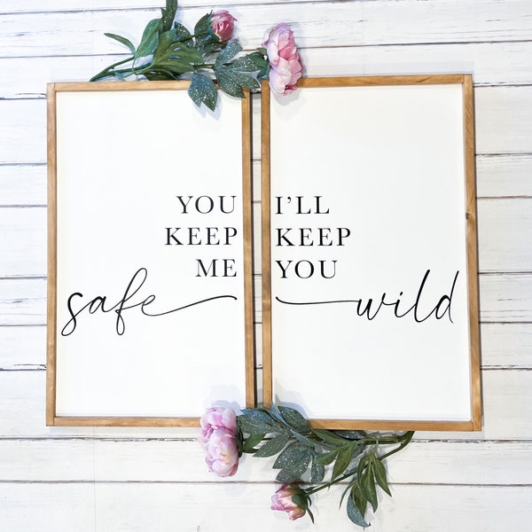 Rustic You Keep Me Safe I’ll Keep You Wild Wood Frame Sign, Wooden Master Bedroom Sign, Cute Couples Gift, Above The Bed Farmhouse Sign